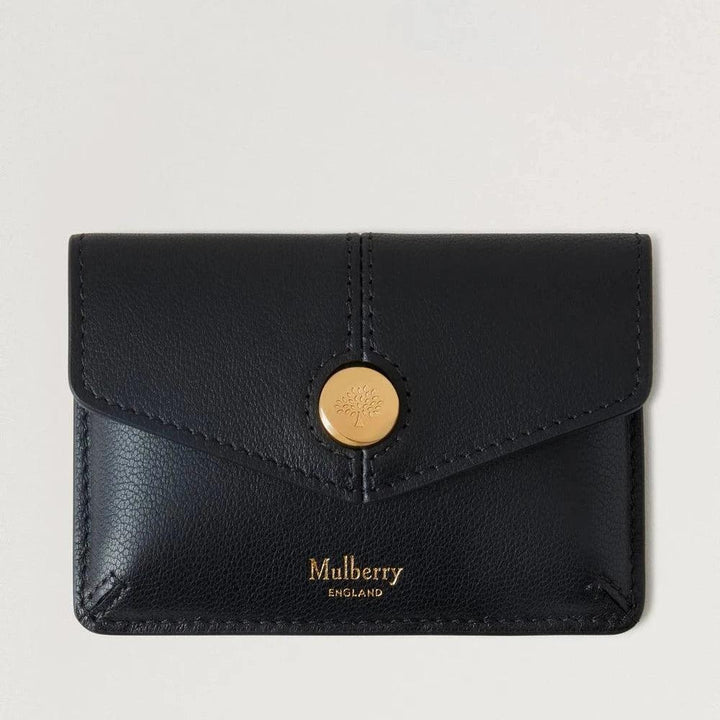 Mulberry Münzbeutel mit Druckknopfverschluss Black Micro Classic Grain aus schwarzem Leder mit goldfarbenem Knopf, Vorderansicht. Modell RL8709587A100