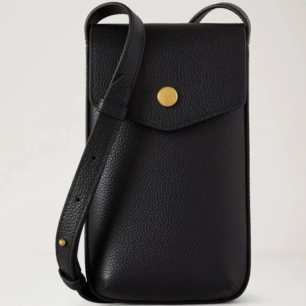 Mulberry Handytasche mit Druckknopf in Schwarz aus schwarzem Leder mit goldenem Druckknopf und Schultergurt. Modell RL8962/205A100