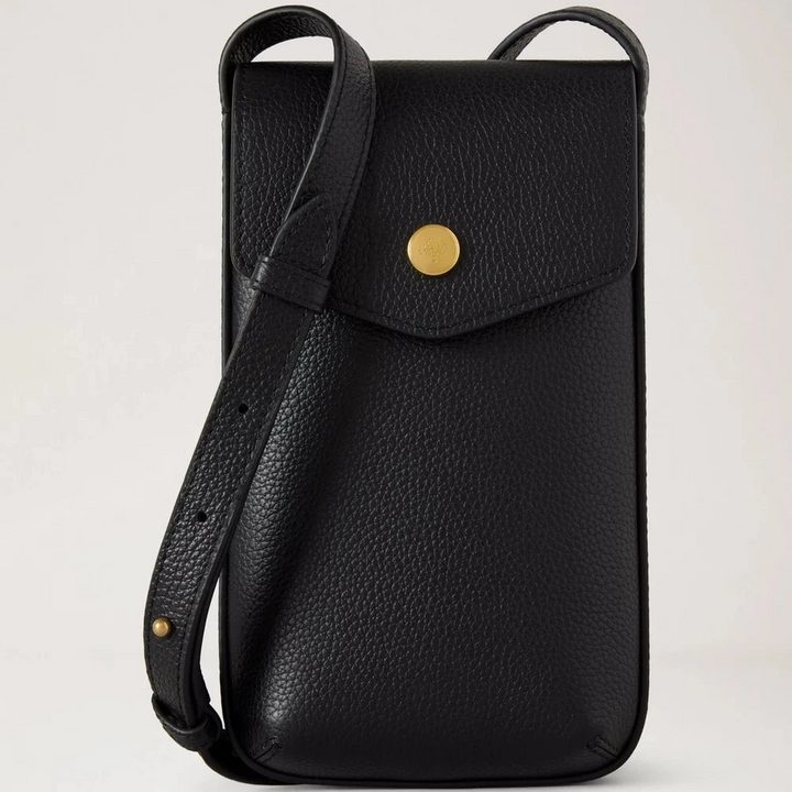 Mulberry Handytasche mit Druckknopf in Schwarz aus schwarzem Leder mit goldenem Druckknopf und Schultergurt. Modell RL8962/205A100