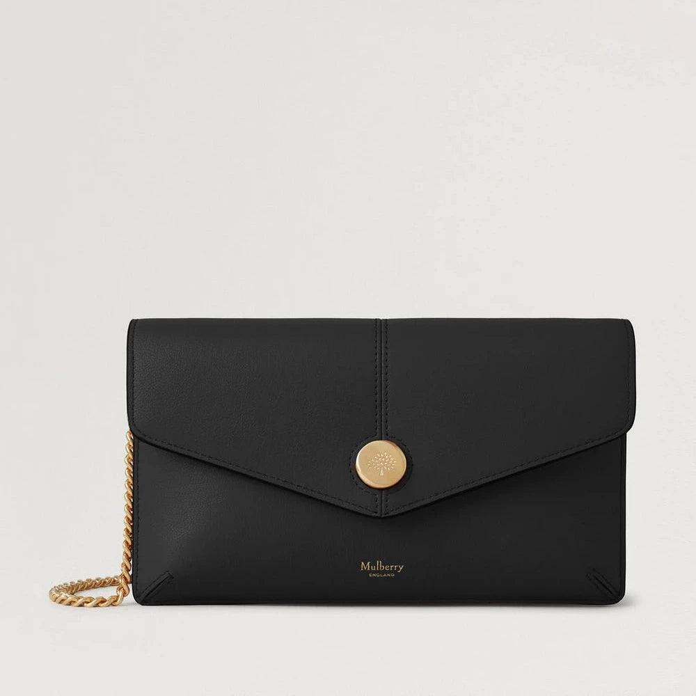 Mulberry Druckknopf-Pochette an Kette Black Micro Classic Grain mit Kette in Gold und rundem Druckverschluss. Modell RL8708587A100