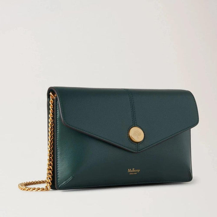 Mulberry Druckknopf-Pochette an der Kette Mulberry Green Micro Classic Grain aus dunkelgrünem Leder mit goldenem Kettenriemen, Modell RL8708587Q633