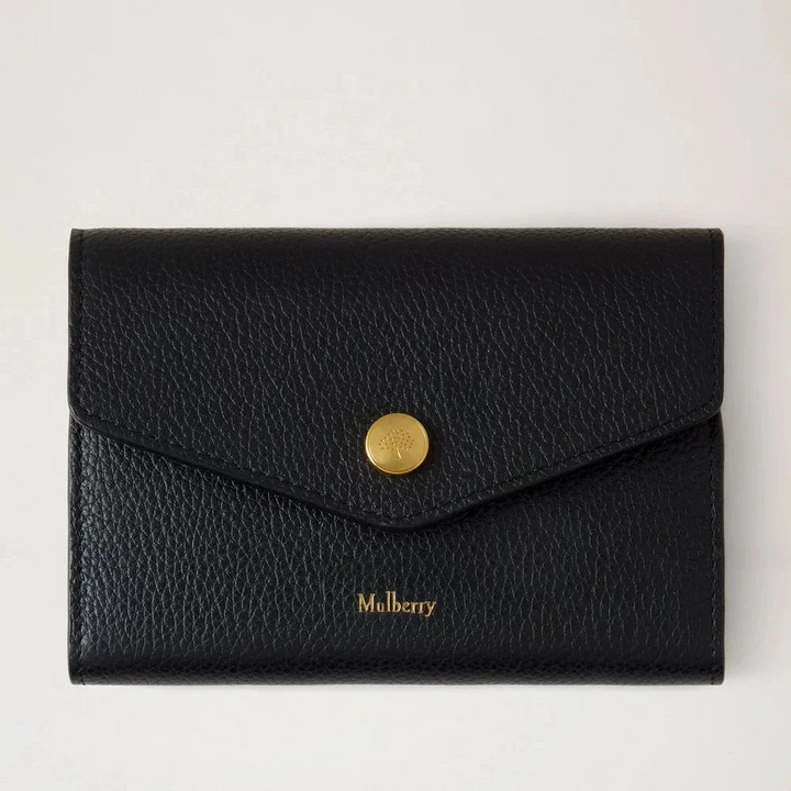 Mulberry Portemonnaie mit Druckknopf, schwarz, klein, klassische Narbung mit goldfarbenem Druckknopf aus schwarzem Leder, Modell RL8963205A100.