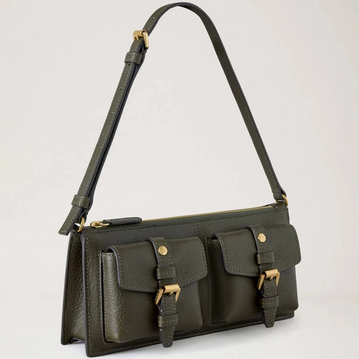Mulberry Roxanne Mini-Umhängetasche Heritage NVT Wacholdergrün mit zwei Vordertaschen aus Leder, Modell RL8902/730Q749