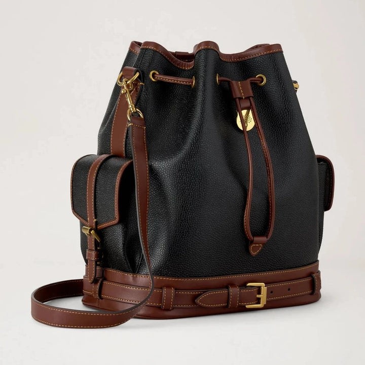 Mulberry Biobasierte Scotchgrain Bucket-Tasche in Schwarz und Cognac mit Lederdetails, Modell HH0016127A340
