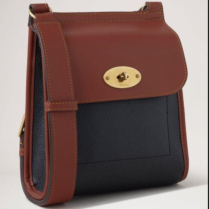 Mulberry Klein Antony N Eco Scotchgrain Umhängetasche aus schwarzem und braunem Leder mit goldener Schnalle, Modell HS5189127A340