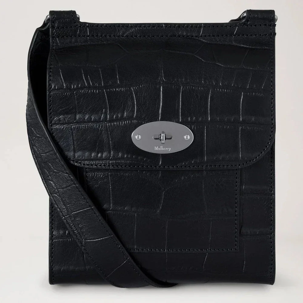 Mulberry Klein Antony NVT Krokodil aus schwarzem Leder mit Krokoprägung und silbernen Details, Modell HH9922741A100.
