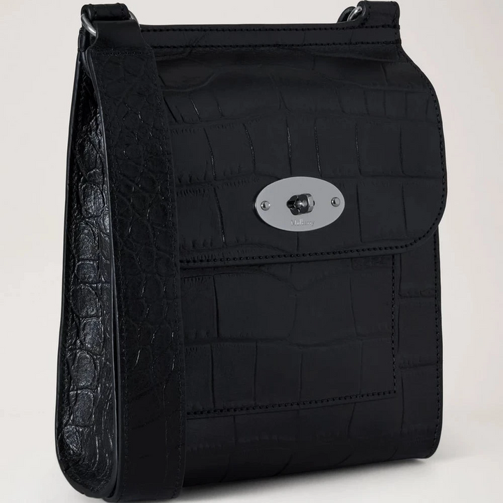 Mulberry Klein Antony NVT Krokodil aus schwarzem geprägtem Leder mit silberner Schnalle, Modell HH9922741A100