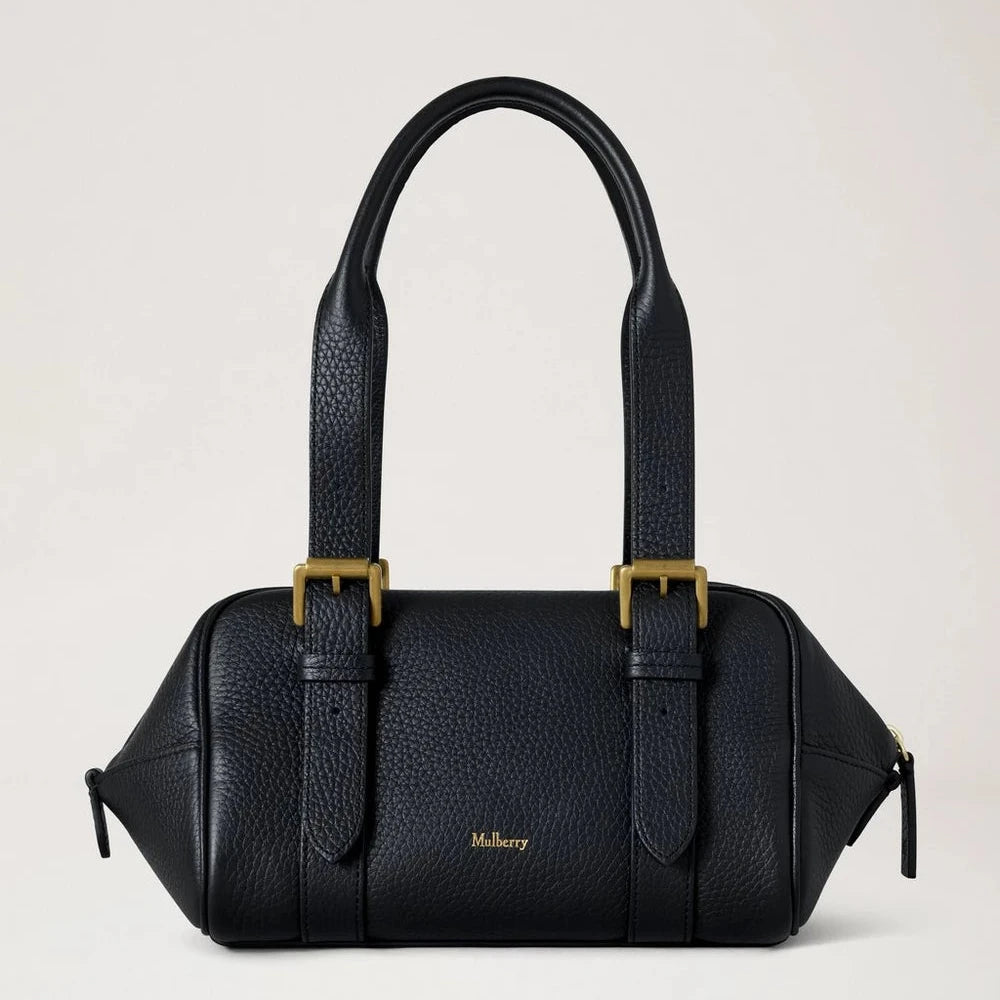 Mulberry Kleine Boston Black Heavy Grain, schwarze Handtasche aus schwerem Leder mit zwei Riemen, Modell HH0020736A100
