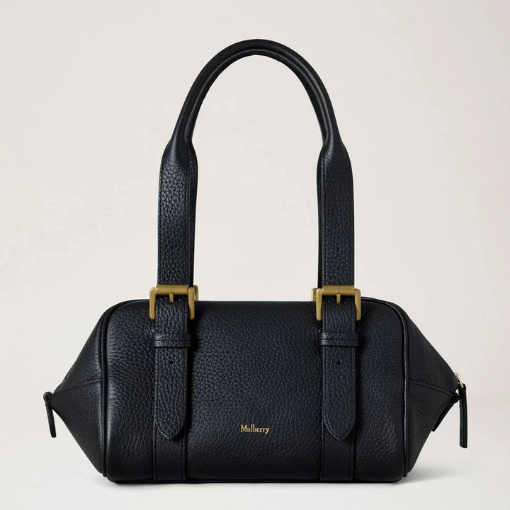 Mulberry Kleine Boston Black Heavy Grain, schwarze Handtasche aus schwerem Leder mit zwei Riemen, Modell HH0020736A100