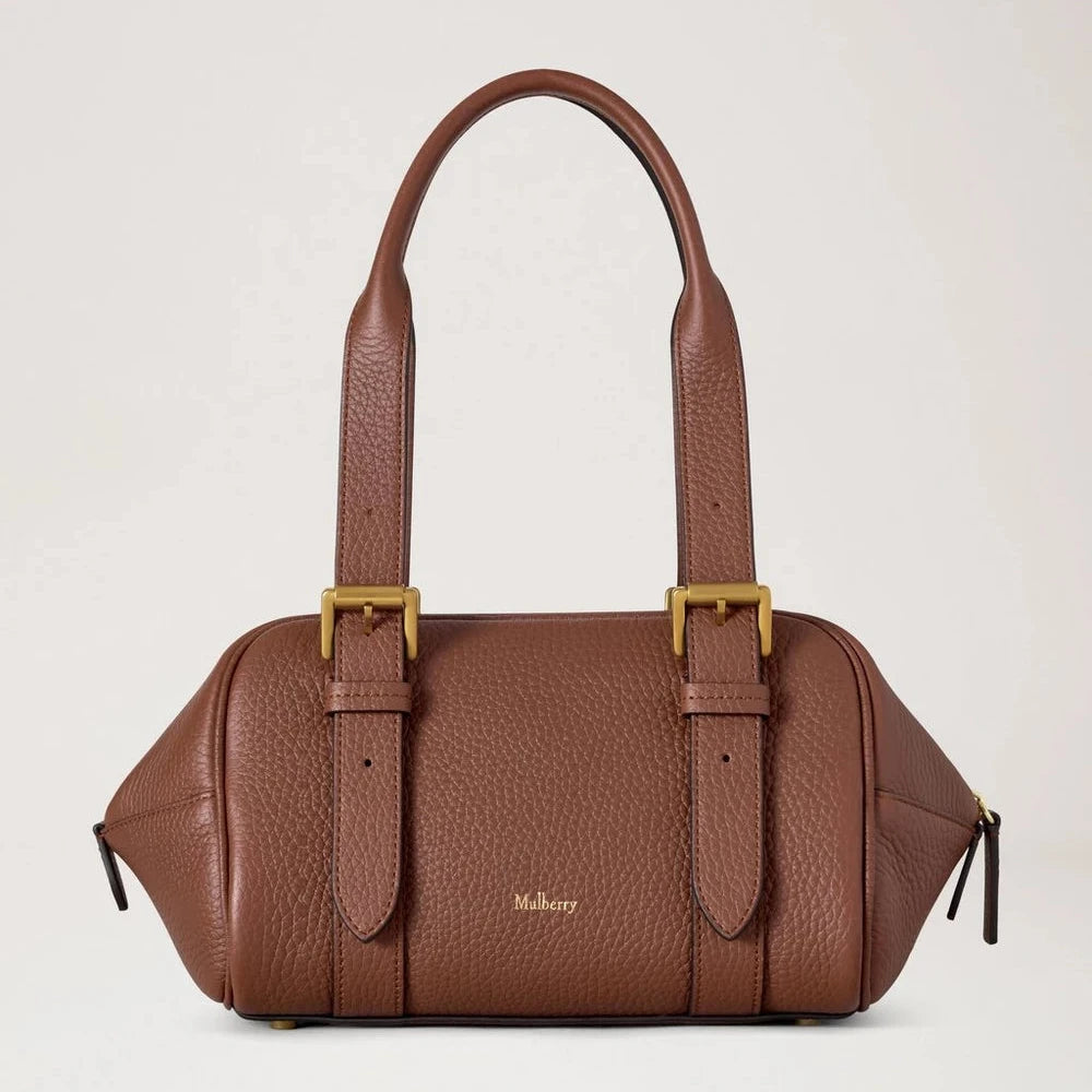 Mulberry Kleine Boston Bright Oak Heavy Grain, braune Handtasche aus schwerem Leder mit Metallschnallen. Modell HH0020736G222
