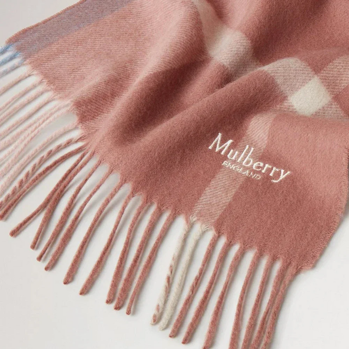 Mulberry Kleiner Schal aus Merinowolle mit Karomuster aus rosafarbener Wolle mit Karos und Fransen, Modell VS4319890J646.