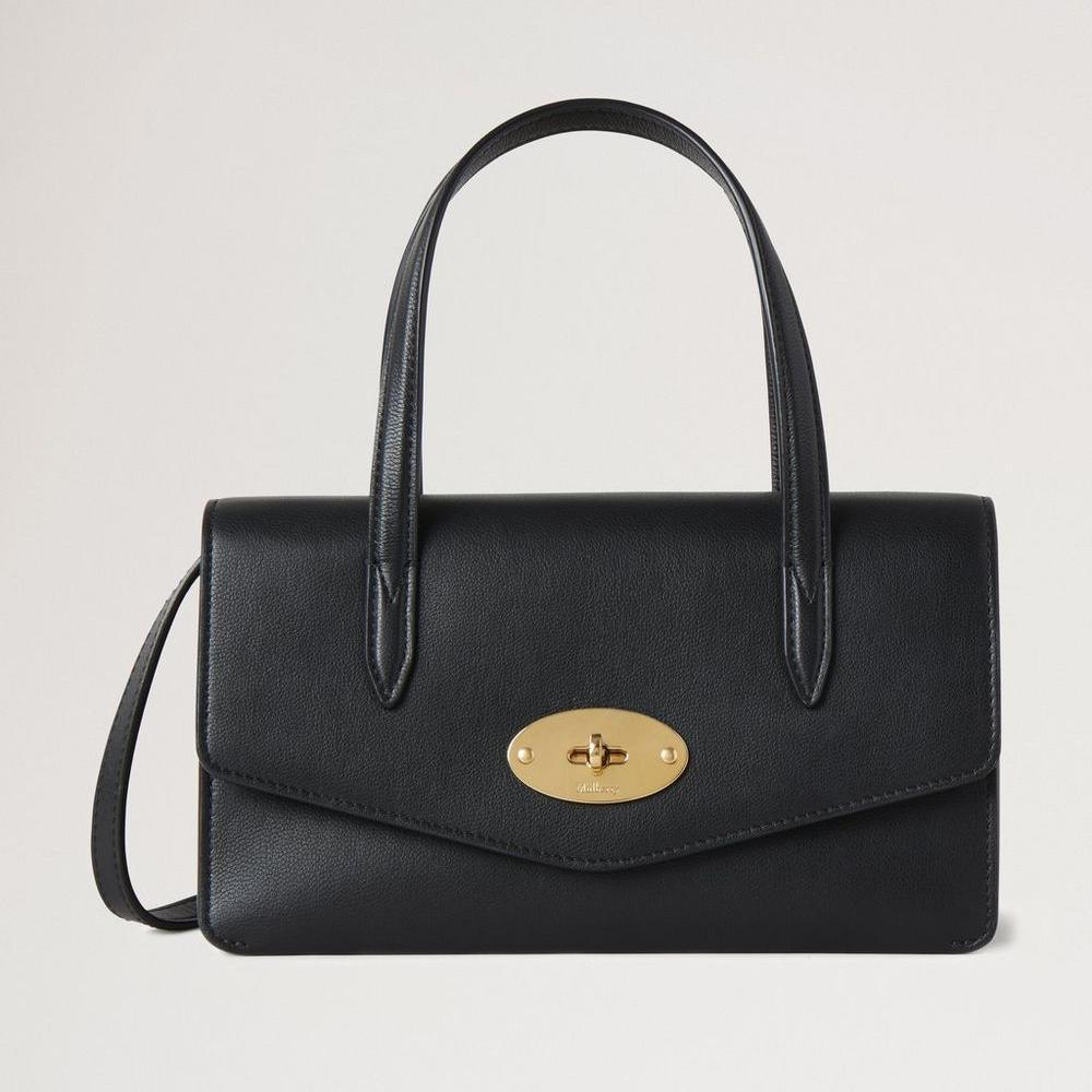 Mulberry Klein Darley Top Handle Black Micro Classic Grain, elegante schwarze Ledertasche mit goldener Schnalle. Modell RL8678587A100