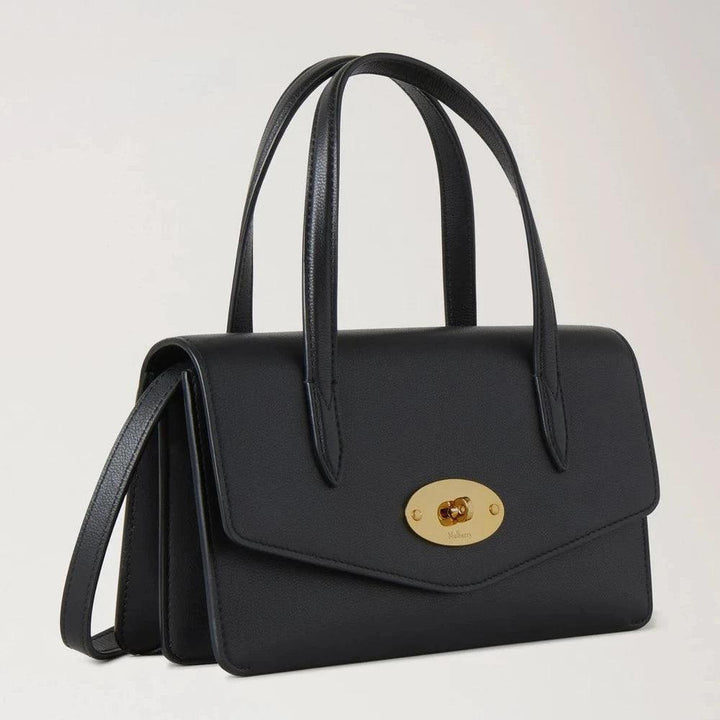 Mulberry Klein Darley Top Handle Black Micro Classic Grain, schwarze Lederhandtasche mit goldfarbener Schnalle, Modell RL8678587A100.