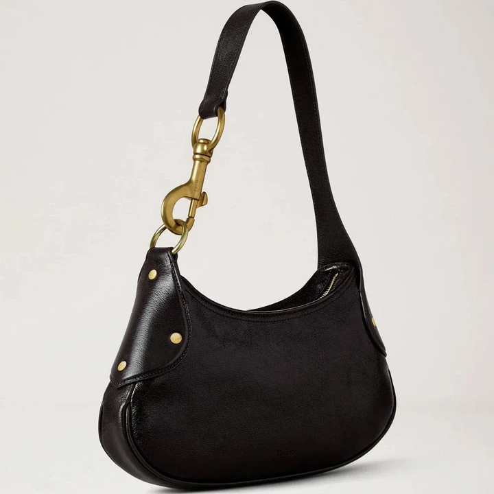 Mulberry Kleine Hackney Umhängetasche, elegante Umhängetasche aus dunkelbraunem, glänzendem Leder mit Messingdetails. Modell RL8929726A110