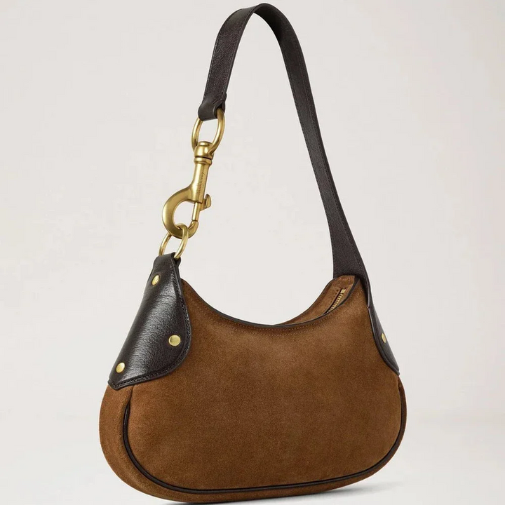 Mulberry Kleine Hackney Umhängetasche aus Vintage-Eichenwildleder mit dunklen Lederdetails und goldener Schnalle. Modell RL8925047G924