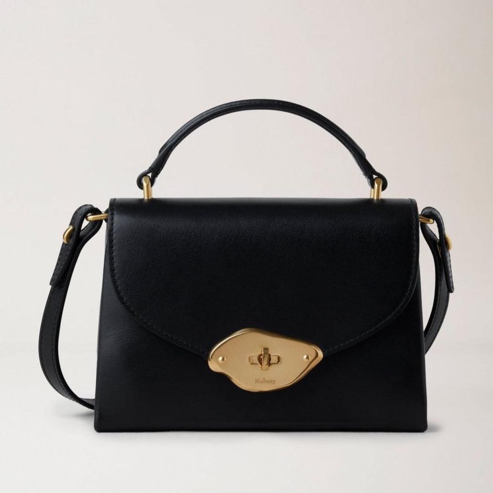 Mulberry Kleine Lana Top Handle-Tasche aus schwarzem Hochglanzleder mit goldfarbener Schnalle, Modell hh9268615a100.
