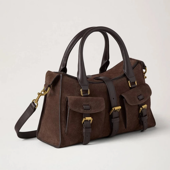 Mulberry Kleine Roxanne Chocolate Wildleder, braune Umhängetasche aus Wildleder mit Taschen und Details. Modell HH9979 047F614.
