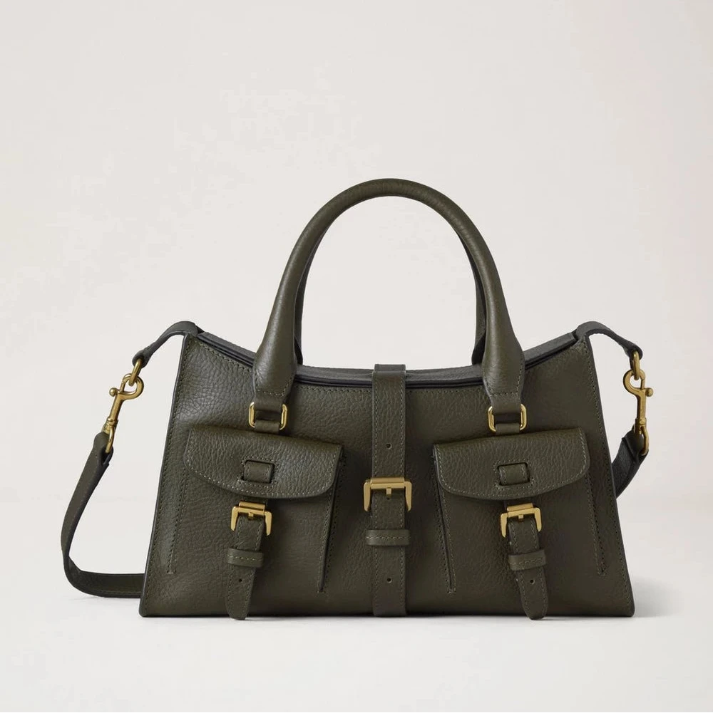 Mulberry Kleines Roxanne-Erbe NVT Wacholdergrüne Tasche aus olivgrünem Leder mit Taschen und goldenen Details. Modell hh9978730q749