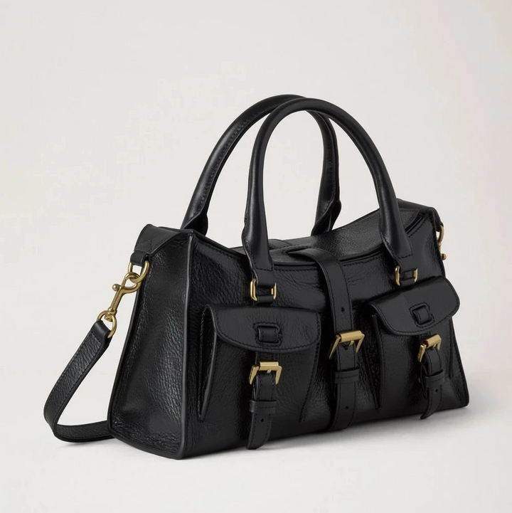 Mulberry Kleine Roxanne High Shine Leather Black Handtasche aus schwarzem Leder mit goldenen Schnallen, Modell HH9977213A100.
