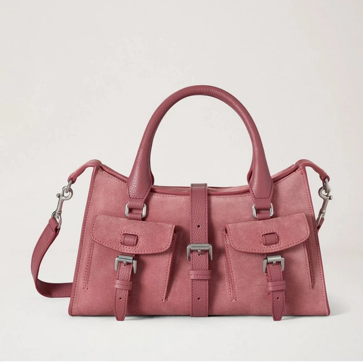 Mulberry Kleine Roxanne Pink Scrumpy Wildleder-Handtasche mit zwei Vordertaschen und Riemen. Modell HH9979047J647.