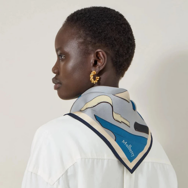 Mulberry Quadratischer Schal Bayswater Workshop Hellgrauer Seidentwill, eleganter Seidenschal in Hellgrau und Blau, Modell VS4864143D100