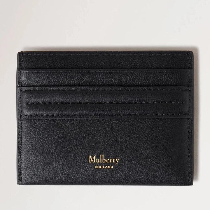 Mulberry Tree Credit Card Slip Black präsentiert ein elegantes Kreditkartenetui aus schwarzem Leder mit sichtbaren Kartenfächern. Modell RL7895587A100.