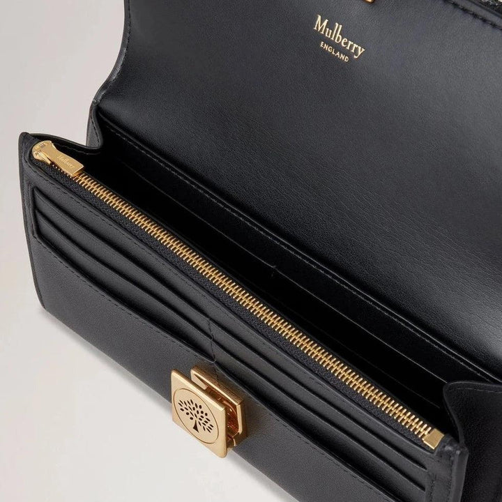Mulberry Tree Long Wallet Schwarz mit offenem Design, sichtbarem Reißverschluss und goldener Schnalle, Modell RL7971587A100