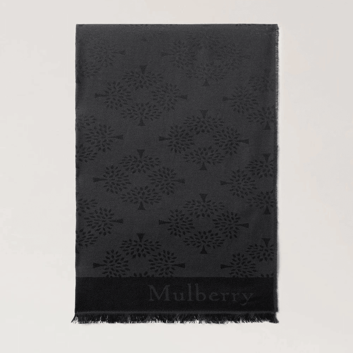 Mulberry Rechteckiger Schal „Tree“ aus schwarzer Baumwoll-Seiden-Mischung mit gewebtem Logo und Baummuster, Modell VS4638708A100