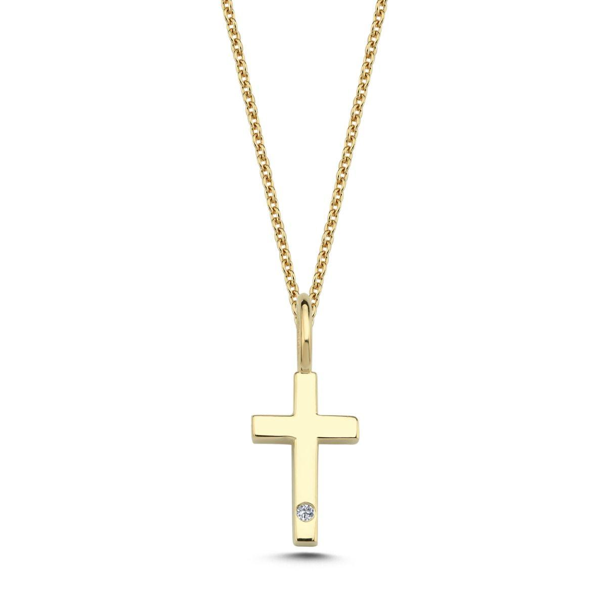 Nuran 14kt Goldkreuz mit 0,005ct W/SI zeigt einen einzelnen Kreuzanhänger in hellem Gold mit einem kleinen Diamanten. Modell v2250-kors0005rg-1.
