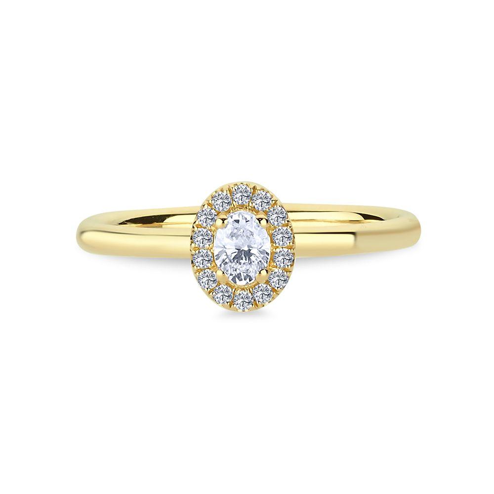 Nuran-Champagnerring aus Gold mit Diamanten, ovalem Mittelstein und klarem Halo-Detail. Modell a3082-024rg-001