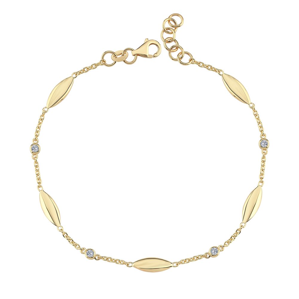 Nuran Leaves 14kt Armband 0,10ct W/SI, elegantes Goldarmband mit blattförmigen Gliedern und kleinen Diamanten, Modell b2512-010-rg-1.