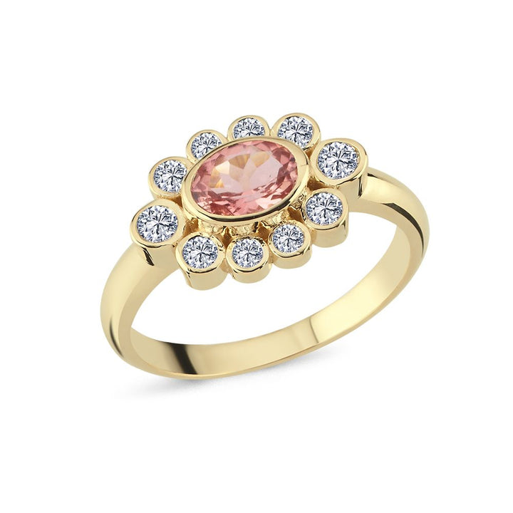 Nuran Royal 14-karätiger Ring mit Turmalin und Brillanten, eleganter Goldring mit rosa Steinen und klaren Diamanten. Modell R2523TU-056RG-001