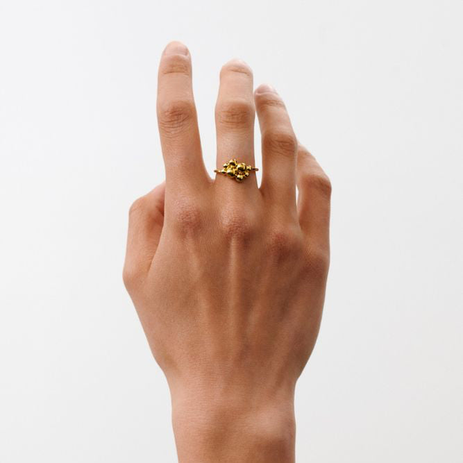 Pernille Corydon Pebble Ring aus vergoldetem Silber, dargestellt auf einer Hand vor weißem Hintergrund. Modell R-460-GP-001.