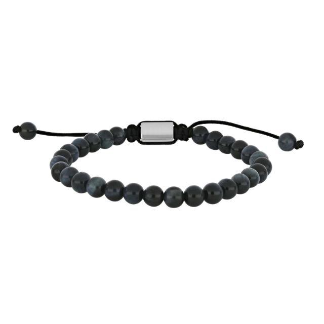 Son of Noa Herrenarmband mit dunkelblauen Perlen und schwarzer verstellbarer Schnur auf weißem Hintergrund. Modell 80890252700