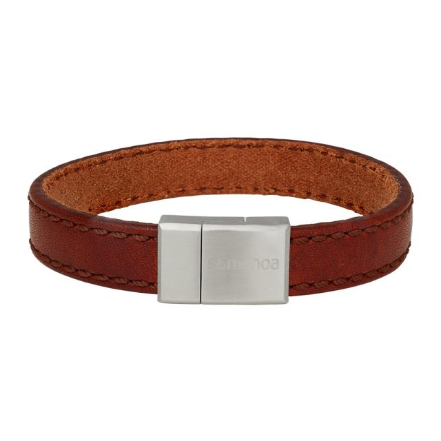 Herrenarmband „Son of Noa“ aus braunem Leder mit silberner Schließe, dargestellt vor weißem Hintergrund. Modell 809701692-001-1