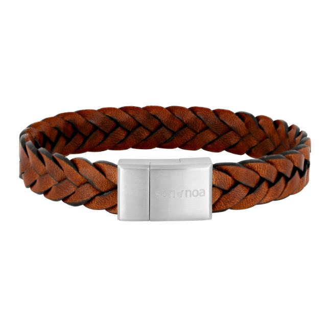 Herrenarmband „Son of Noa“ aus braunem Leder mit Geflecht und Schließe aus mattem Stahl, Modell 809702692-001-1.
