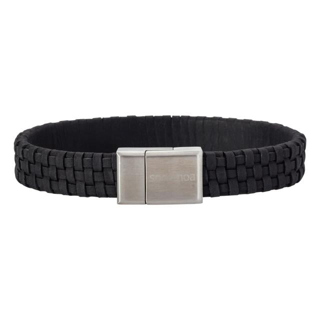Son Of Noa Herrenarmband aus schwarzem geflochtenem Leder mit breiter, mattsilberfarbener Schließe. Modell 809700091-001.