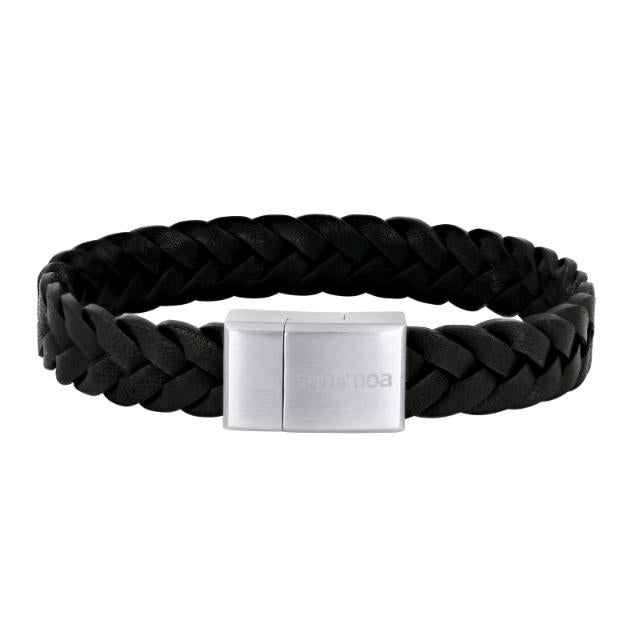 Son of Noa Herrenarmband aus schwarzem Leder mit geflochtenem Design und mattem Stahlverschluss, Modell 809702691-001