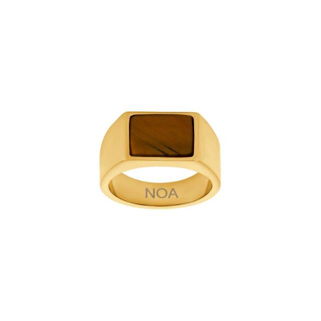 Herrenring „Son of Noa“ aus goldfarbenem Stahl mit braunem quadratischem Stein und Gravur, Modell 108400028-001-1