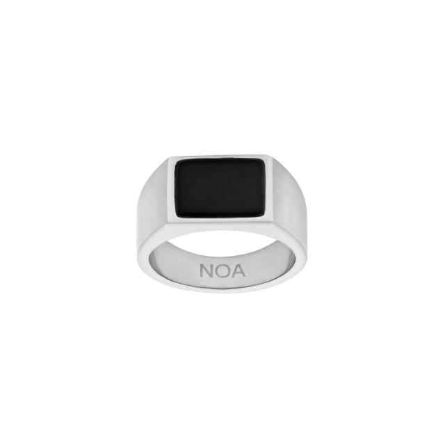 Son Of Noa Steel Herrenring mit schwarzem rechteckigem Stein aus poliertem Stahl, Modell 108400127-001-1.