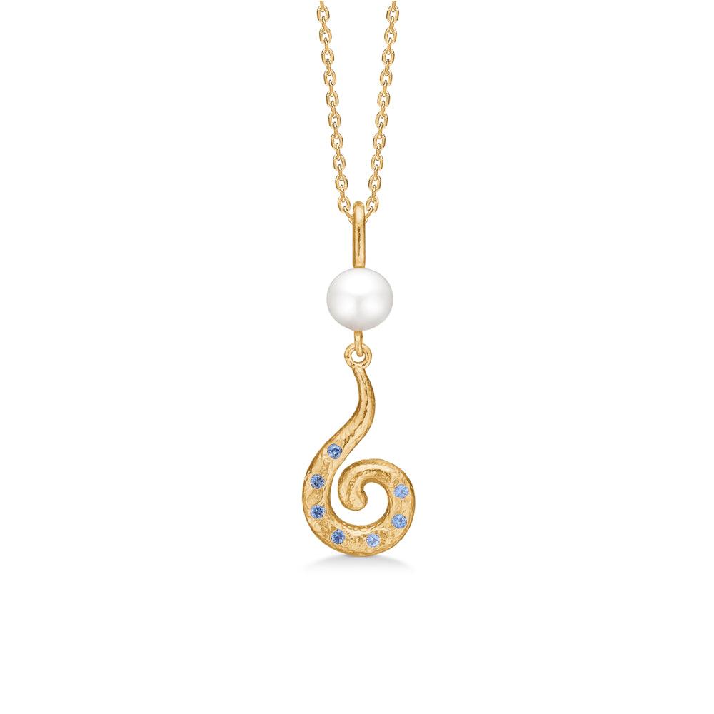 Studio Z Curiosity vergoldete Halskette mit Anhänger aus blauem Zirkonia, Perle und gedrehtem Goldanhänger. Modell 7227871-1