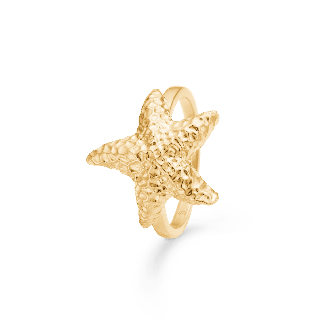 Studio Z Starfish Lustre vergoldeter Ring mit klarem Seestern in gehämmerter Goldoberfläche, Modell 7240903-001.