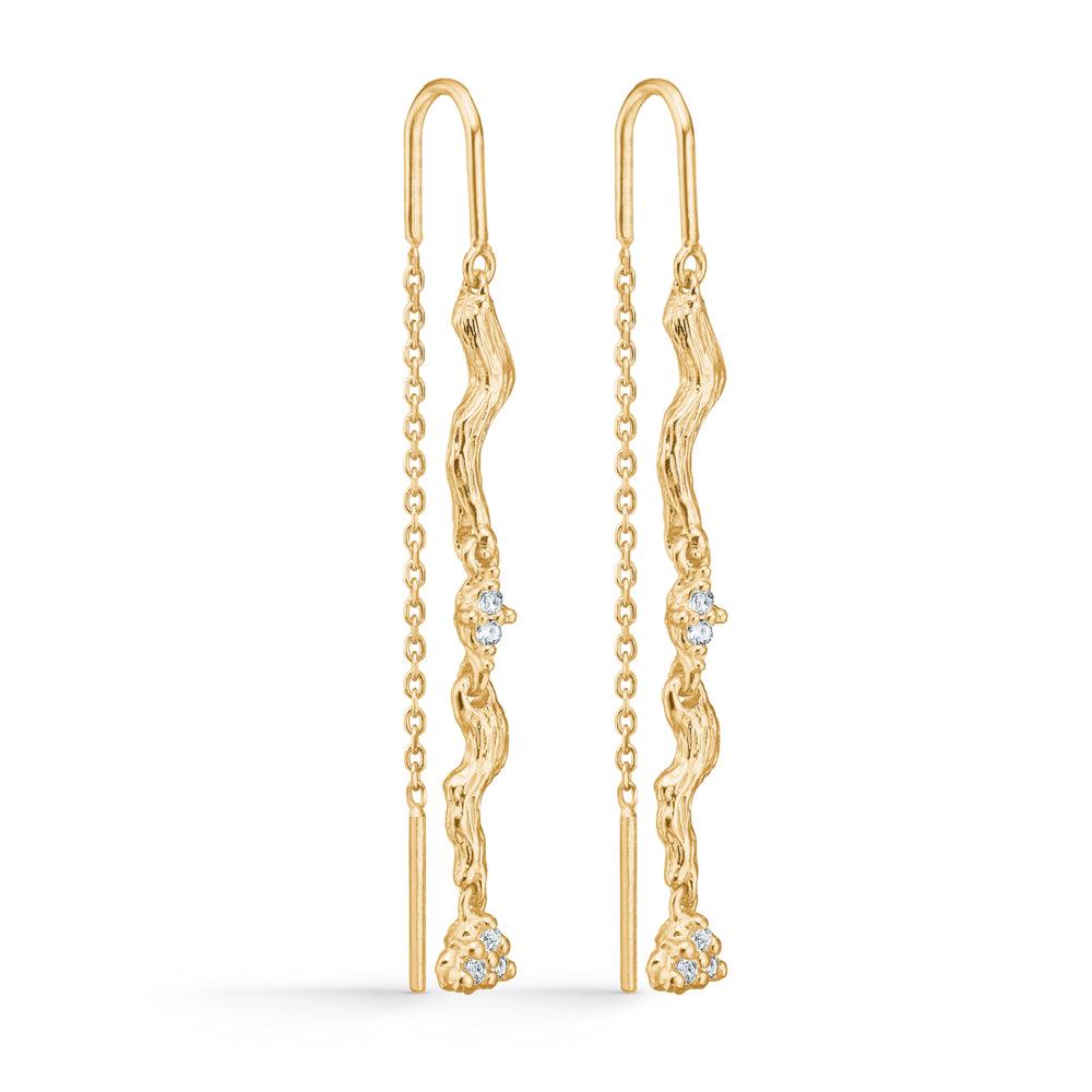 Studio Z Tangled Chain Ohrringe mit Zirkonia zeigen lange, goldene Stränge mit klaren Steinen, Modell 7207849-1.