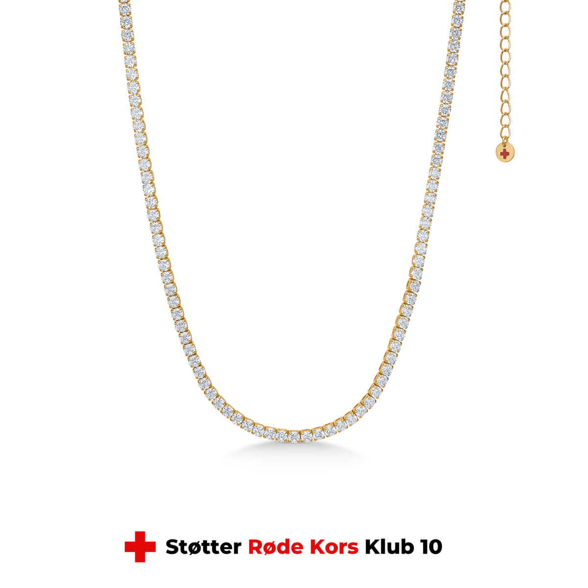 studio-z-tennis-necklace-in-gold-lated-sol-30-36cm-7227000, elegante Tenniskette aus vergoldetem Silber mit klaren Steinen auf grünem Hintergrund. Modell 7227000