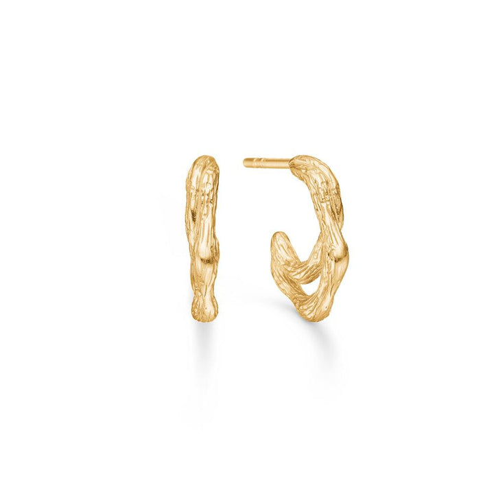 Studio Z Twine Gold Creole zeigt ein Set kleiner Kreolen in einem organischen, gedrehten goldenen Design, Modell 7210853.
