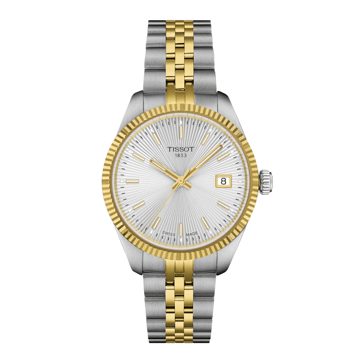 Tissot Ballade 34 mm PVD mit guillochiertem Silberzifferblatt, zweifarbigem Armband und Datum. Modell T1562102203100