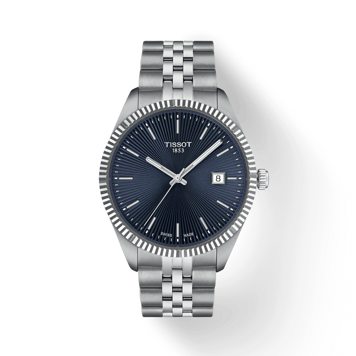 Tissot Ballade 40 mm mit blauem guillochiertem Zifferblatt und Stahlkette, elegante Herrenuhr. Modell T1564101104100