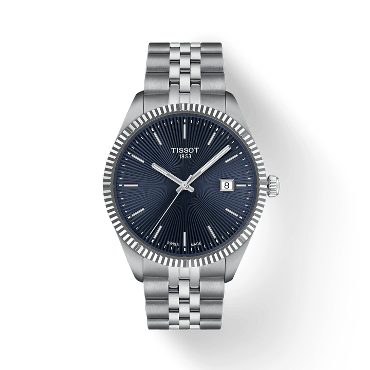 Tissot Ballade 40 mm mit blauem guillochiertem Zifferblatt und Stahlkette, elegante Herrenuhr. Modell T1564101104100