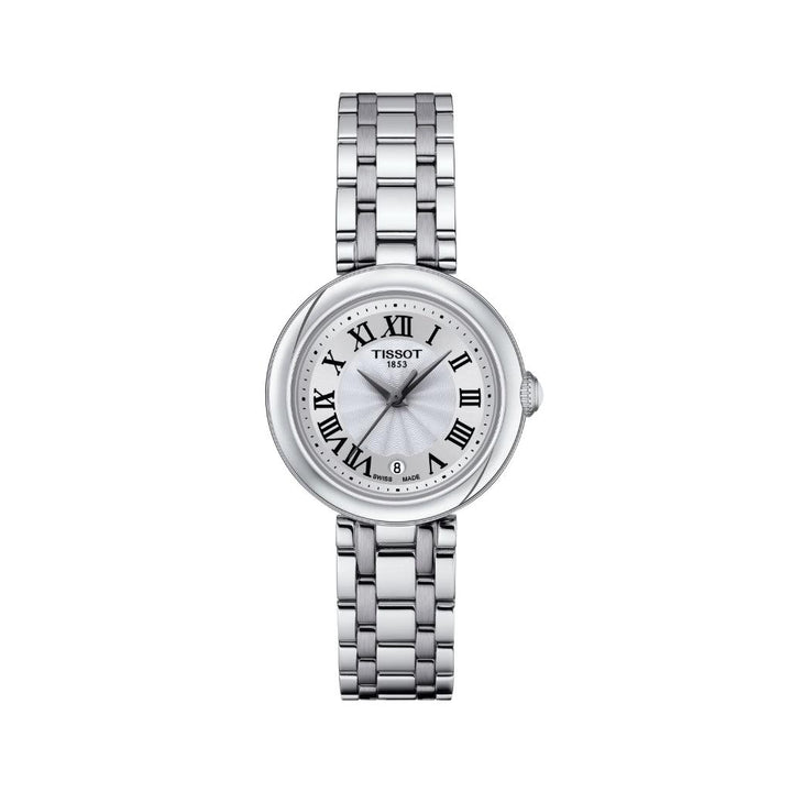 Tissot Bellissima Small Lady zeigt eine silberne Uhr mit römischen Ziffern, Datum und elegantem Metallarmband. Modell T1260101101300