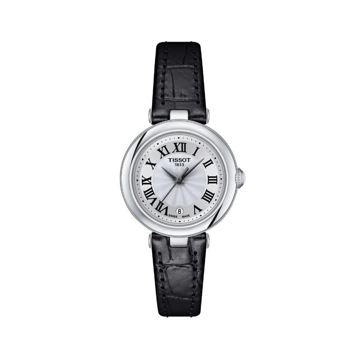 Tissot Bellissima Small Lady mit silbernem Zifferblatt, schwarzen römischen Ziffern und schwarzem Lederarmband. Modell T1260101601300.